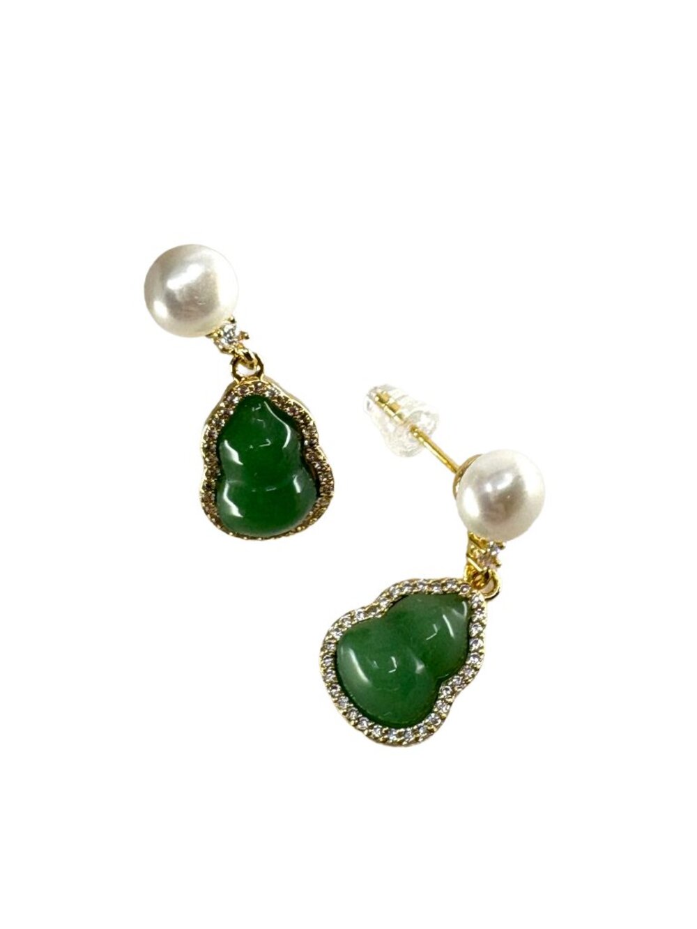 18K Gold Plated Green Chalcedony Freshwater Pearl Zircon Gourd Earrings 4.16g